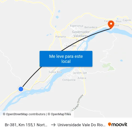 Br-381, Km 155,1 Norte | Rancho Glória to Universidade Vale Do Rio Doce - Campus II map