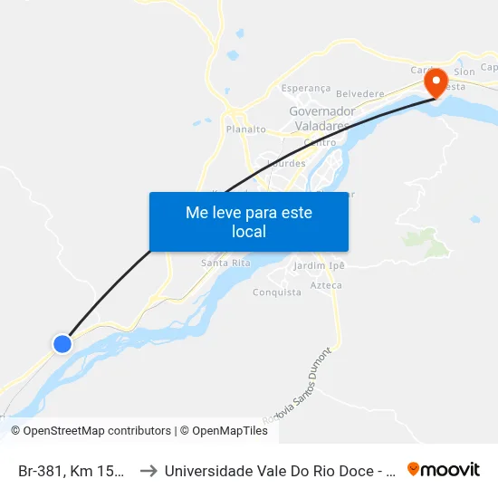 Br-381, Km 156,6 Sul to Universidade Vale Do Rio Doce - Campus II map
