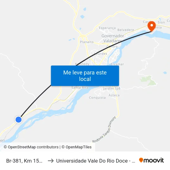 Br-381, Km 157,4 Sul to Universidade Vale Do Rio Doce - Campus II map