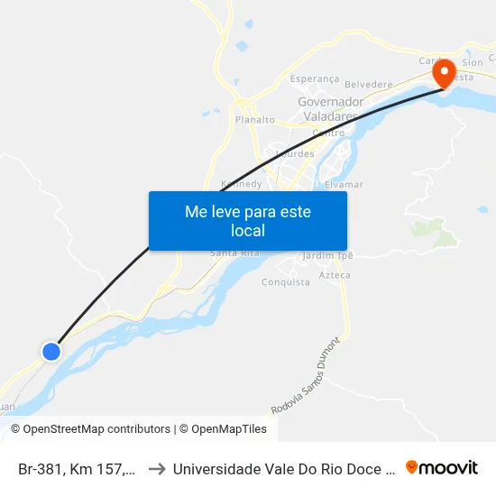Br-381, Km 157,7 Norte to Universidade Vale Do Rio Doce - Campus II map