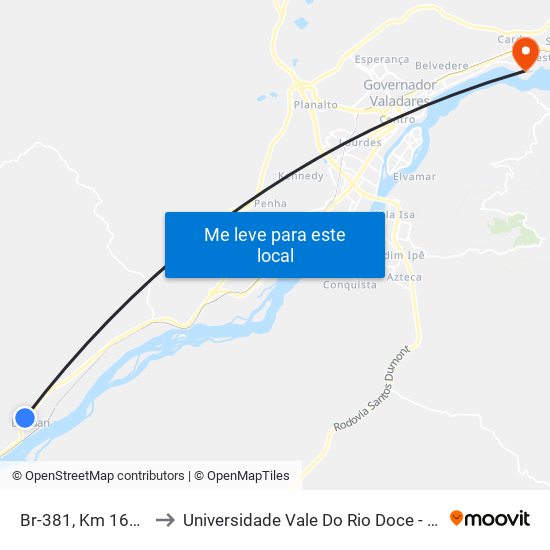 Br-381, Km 160,8 Sul to Universidade Vale Do Rio Doce - Campus II map