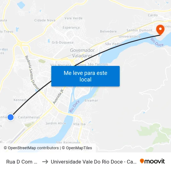 Rua D Com Av. 1 to Universidade Vale Do Rio Doce - Campus II map