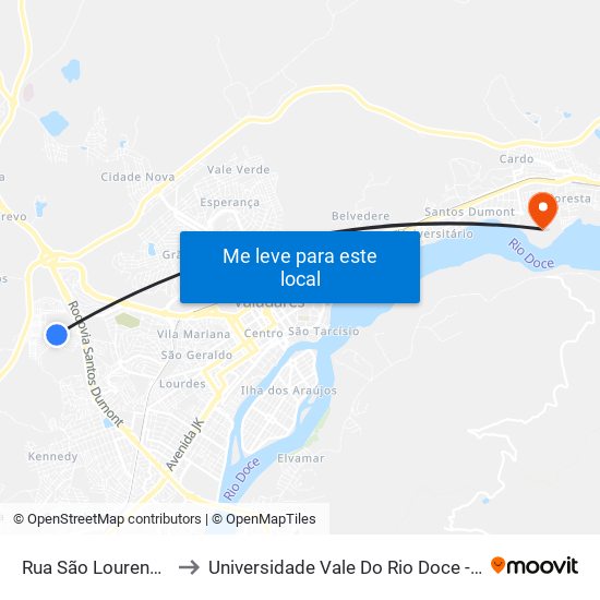Rua São Lourenço, 364 to Universidade Vale Do Rio Doce - Campus II map