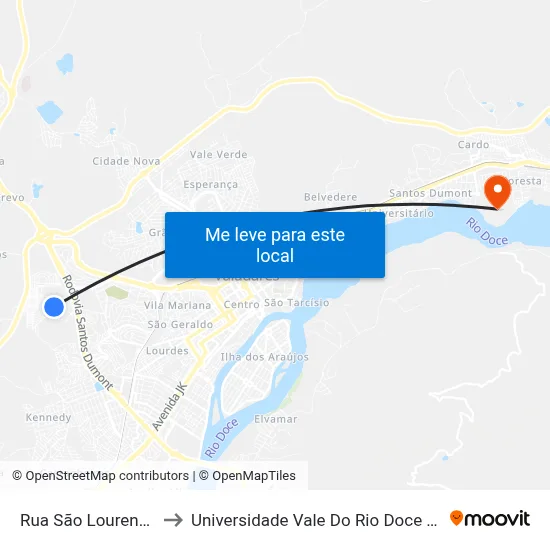 Rua São Lourenço, 262 to Universidade Vale Do Rio Doce - Campus II map