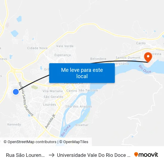 Rua São Lourenço, 285 to Universidade Vale Do Rio Doce - Campus II map