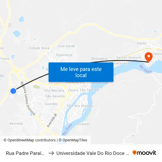 Rua Padre Paraíso, 170 to Universidade Vale Do Rio Doce - Campus II map