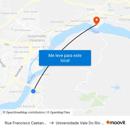 Rua Francisco Caetano Pimentel, S/N - Governador Valadares to Universidade Vale Do Rio Doce - Campus II map