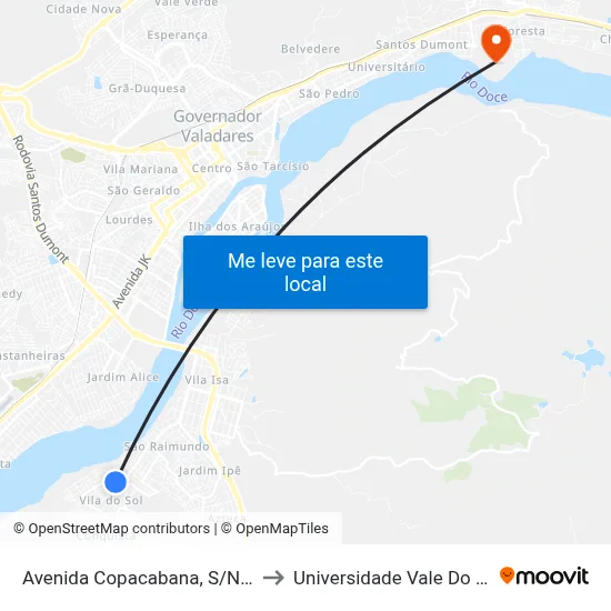Avenida Copacabana, S/N - Governador Valadares to Universidade Vale Do Rio Doce - Campus II map