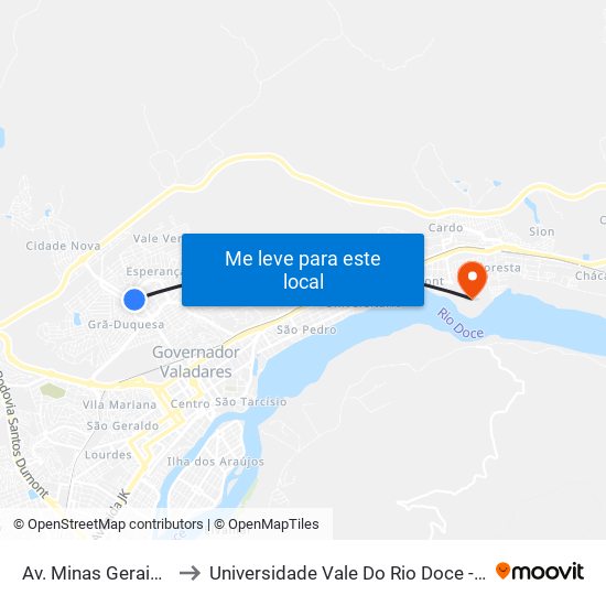 Av. Minas Gerais, 2390 to Universidade Vale Do Rio Doce - Campus II map