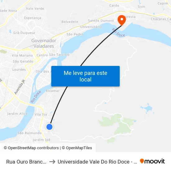 Rua Ouro Branco, 655 to Universidade Vale Do Rio Doce - Campus II map