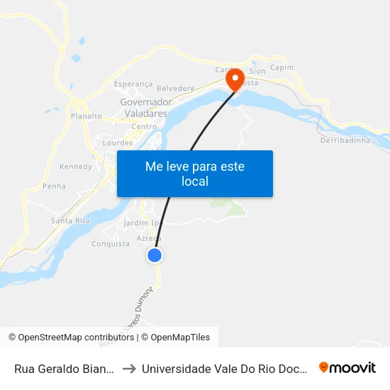 Rua Geraldo Bianchini, 65 to Universidade Vale Do Rio Doce - Campus II map