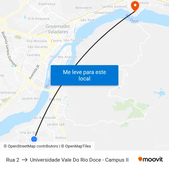 Rua 2 to Universidade Vale Do Rio Doce - Campus II map