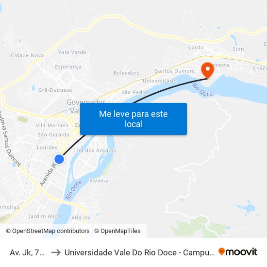 Av. Jk, 777 to Universidade Vale Do Rio Doce - Campus II map