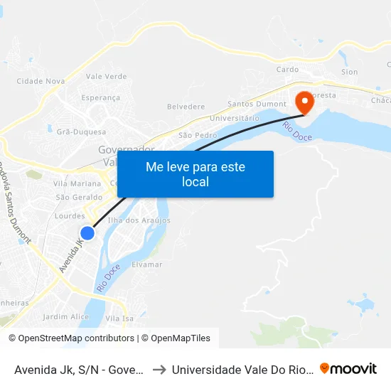 Avenida Jk, S/N - Governador Valadares to Universidade Vale Do Rio Doce - Campus II map