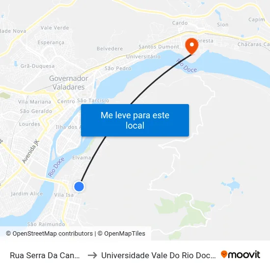 Rua Serra Da Canastra, 156 to Universidade Vale Do Rio Doce - Campus II map