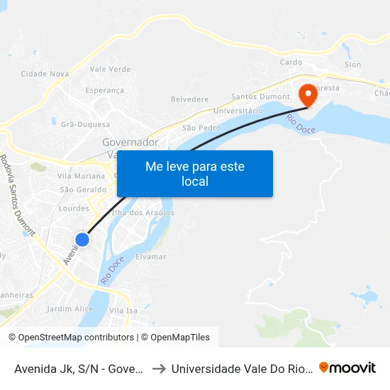 Avenida Jk, S/N - Governador Valadares to Universidade Vale Do Rio Doce - Campus II map