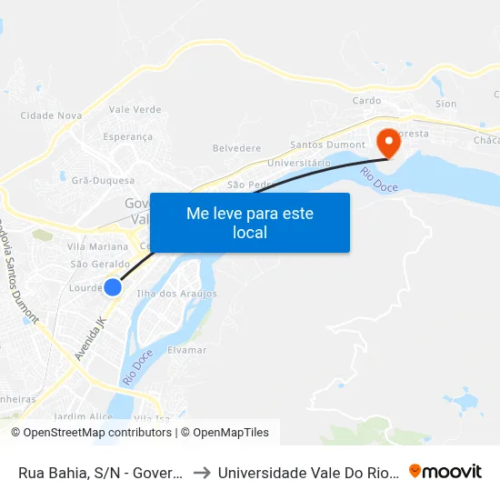 Rua Bahia, S/N - Governador Valadares to Universidade Vale Do Rio Doce - Campus II map