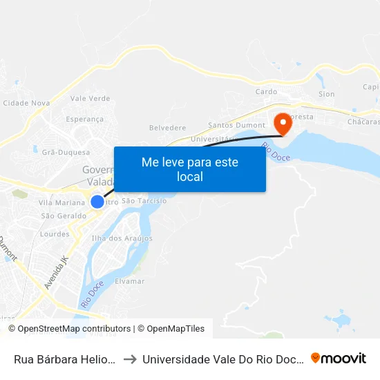 Rua Bárbara Heliodora, S/N - Governador Valadares to Universidade Vale Do Rio Doce - Campus II map