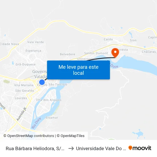 Rua Bárbara Heliodora, S/N - Governador Valadares to Universidade Vale Do Rio Doce - Campus II map