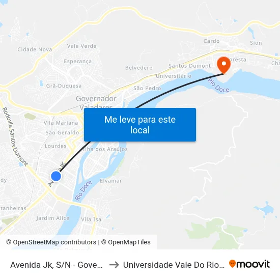 Avenida Jk, S/N - Governador Valadares to Universidade Vale Do Rio Doce - Campus II map