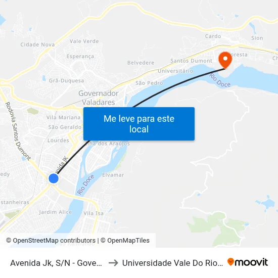 Avenida Jk, S/N - Governador Valadares to Universidade Vale Do Rio Doce - Campus II map