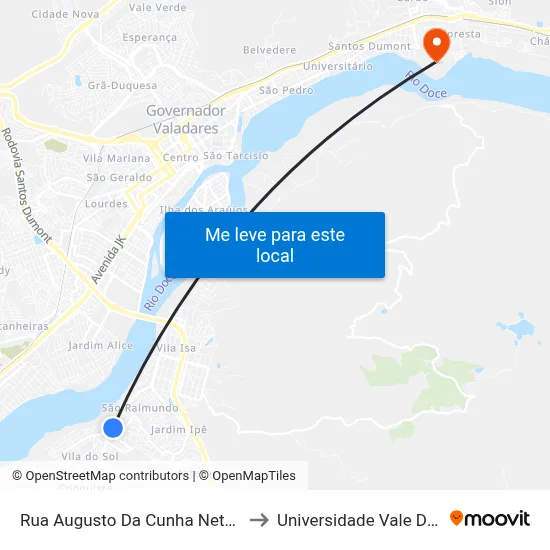Rua Augusto Da Cunha Neto, S/N - Governador Valadares to Universidade Vale Do Rio Doce - Campus II map