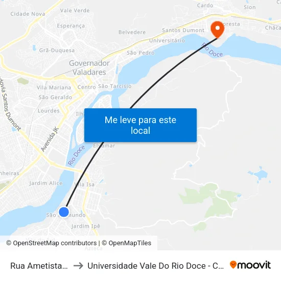 Rua Ametista, S/N - Governador Valadares to Universidade Vale Do Rio Doce - Campus II map