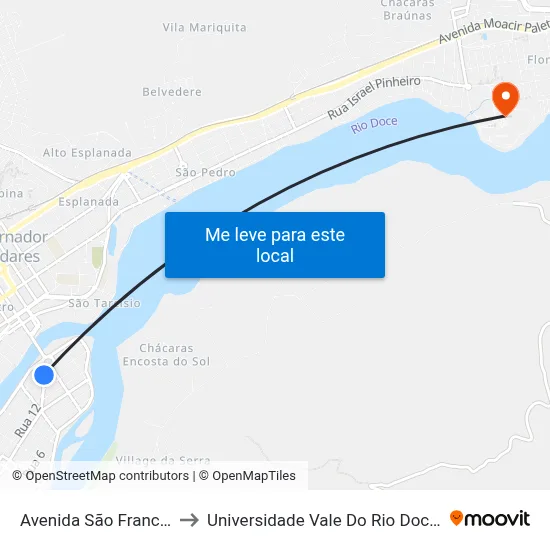 Avenida São Francisco, 715 to Universidade Vale Do Rio Doce - Campus II map