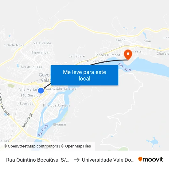 Rua Quintino Bocaiúva, S/N - Governador Valadares to Universidade Vale Do Rio Doce - Campus II map