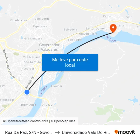 Rua Da Paz, S/N - Governador Valadares to Universidade Vale Do Rio Doce - Campus II map