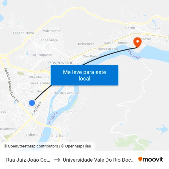 Rua Juiz João Costa, 3385 to Universidade Vale Do Rio Doce - Campus II map