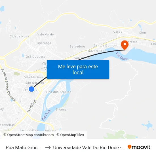 Rua Mato Grosso, 295 to Universidade Vale Do Rio Doce - Campus II map