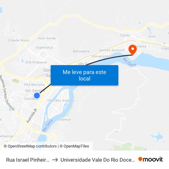 Rua Israel Pinheiro, 3973 to Universidade Vale Do Rio Doce - Campus II map