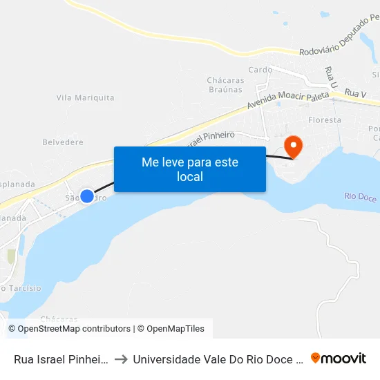 Rua Israel Pinheiro, 606 to Universidade Vale Do Rio Doce - Campus II map