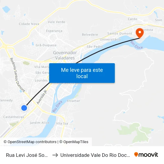 Rua Levi José Soares, 209 to Universidade Vale Do Rio Doce - Campus II map