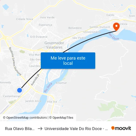 Rua Olavo Bilac, 260 to Universidade Vale Do Rio Doce - Campus II map