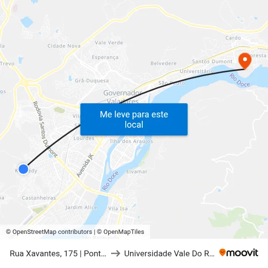 Rua Xavantes, 175 | Ponto Final Do Bela Vista to Universidade Vale Do Rio Doce - Campus II map