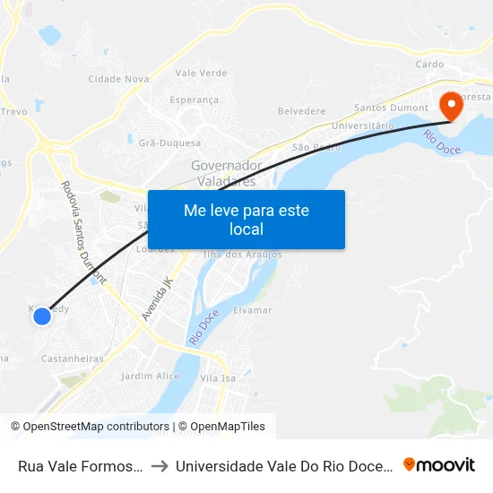 Rua Vale Formoso, 1516 to Universidade Vale Do Rio Doce - Campus II map