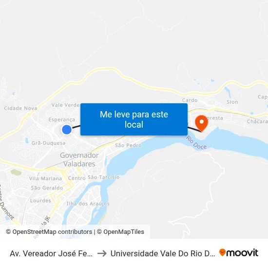 Av. Vereador José Fernandes, 160 to Universidade Vale Do Rio Doce - Campus II map