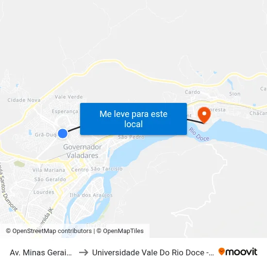 Av. Minas Gerais, 1855 to Universidade Vale Do Rio Doce - Campus II map