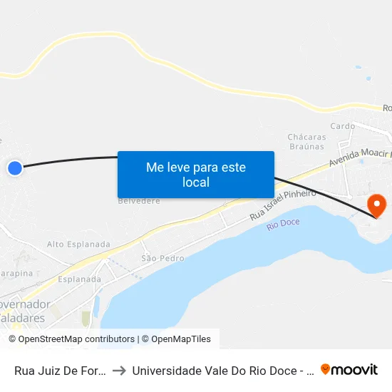 Rua Juiz De Fora, 955 to Universidade Vale Do Rio Doce - Campus II map