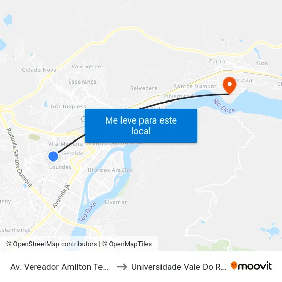 Av. Vereador Amílton Teodoro Guimarães, 545 to Universidade Vale Do Rio Doce - Campus II map