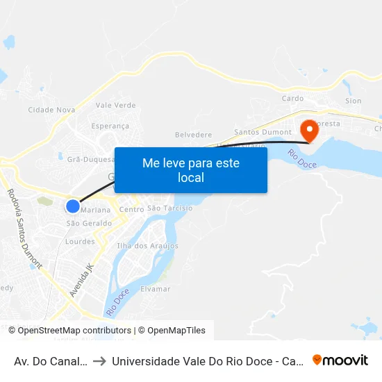 Av. Do Canal, 51 to Universidade Vale Do Rio Doce - Campus II map
