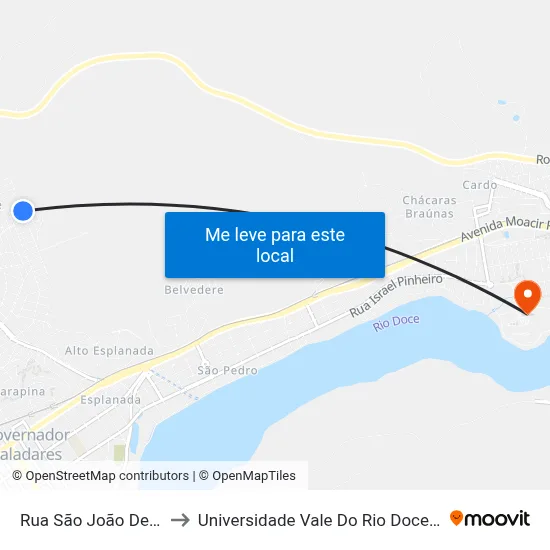 Rua São João Del Rei, 75 to Universidade Vale Do Rio Doce - Campus II map