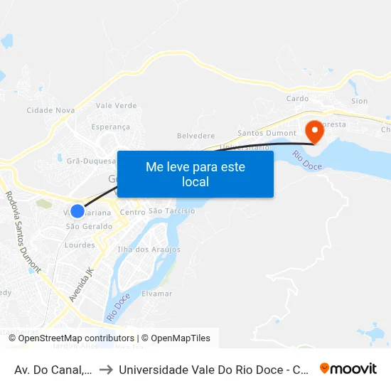 Av. Do Canal, 293 to Universidade Vale Do Rio Doce - Campus II map