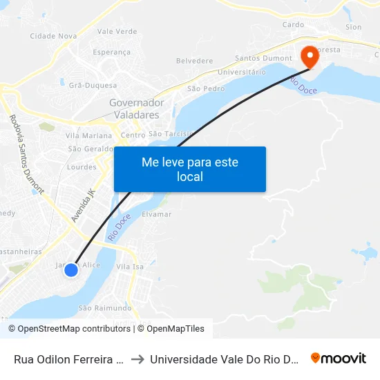 Rua Odilon Ferreira Matos, 495 to Universidade Vale Do Rio Doce - Campus II map