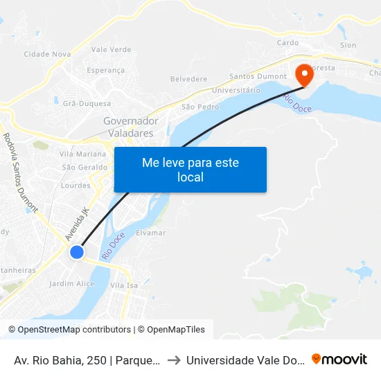 Av. Rio Bahia, 250 | Parque De Exposições, Portão 15 to Universidade Vale Do Rio Doce - Campus II map