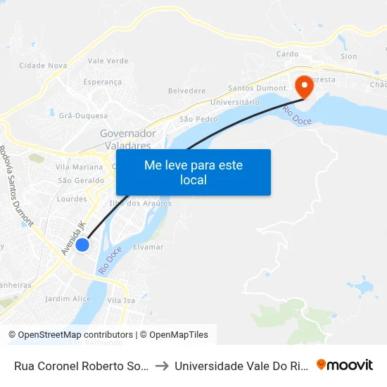 Rua Coronel Roberto Soares Ferreira, 1204 to Universidade Vale Do Rio Doce - Campus II map