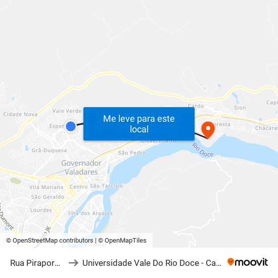 Rua Pirapora, 33 to Universidade Vale Do Rio Doce - Campus II map