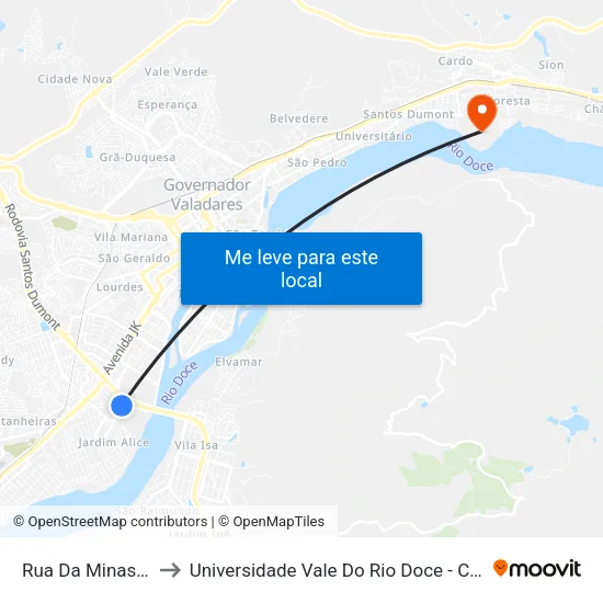 Rua Da Minasa, 30 to Universidade Vale Do Rio Doce - Campus II map